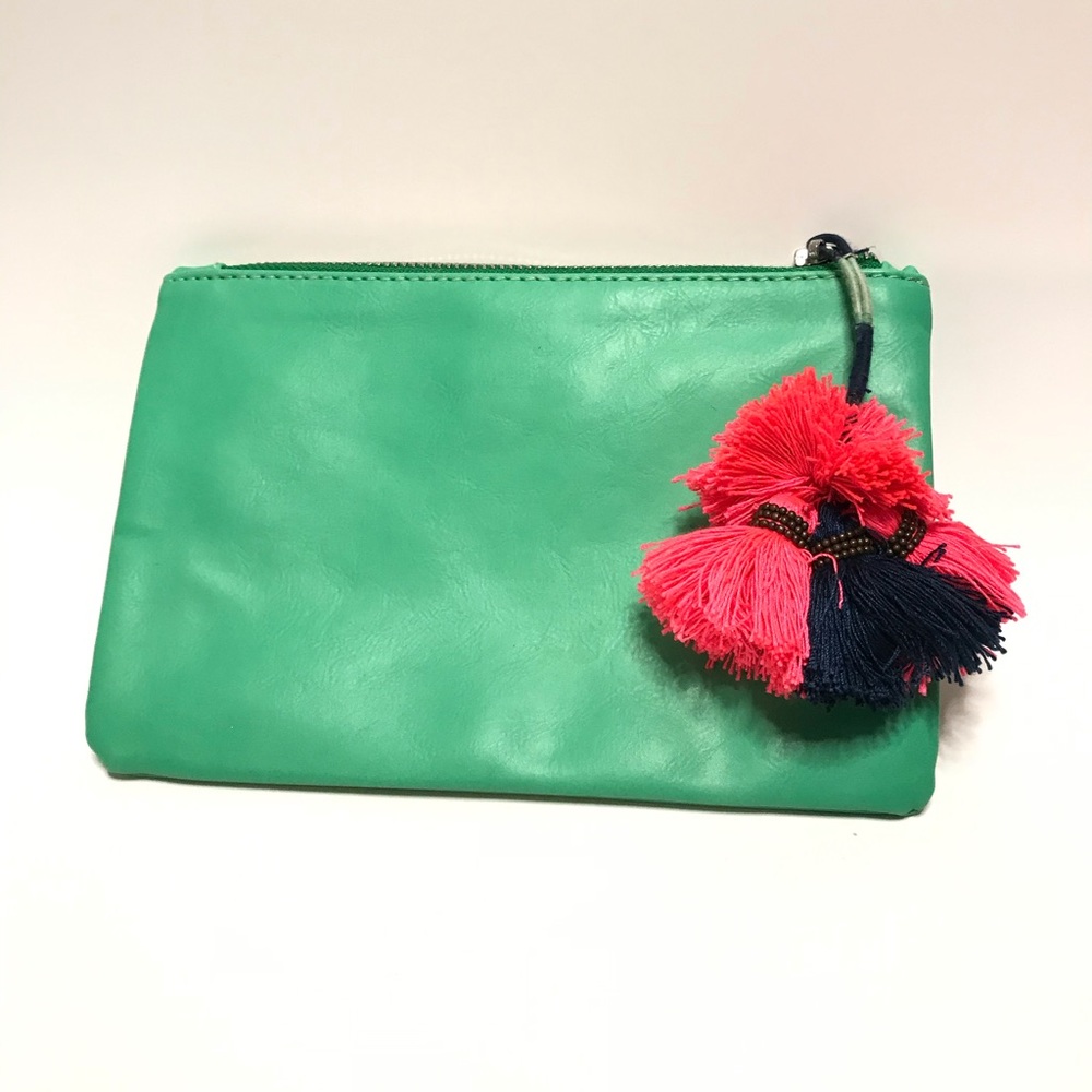 Sea green clutch with navy and hot pink tassel